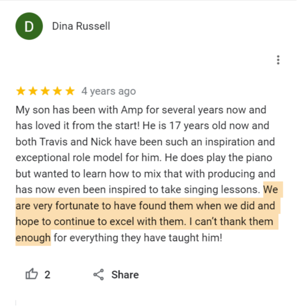 Screenshot of an AMP Music Lab customer review