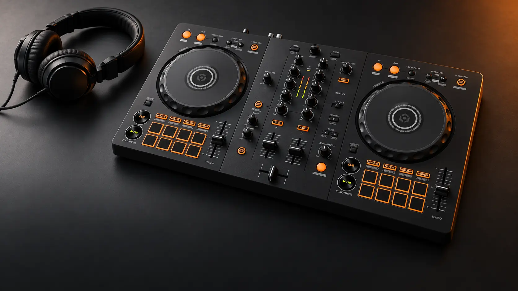 DJ controller and headphones on a dark surface with orange lighting accents.
